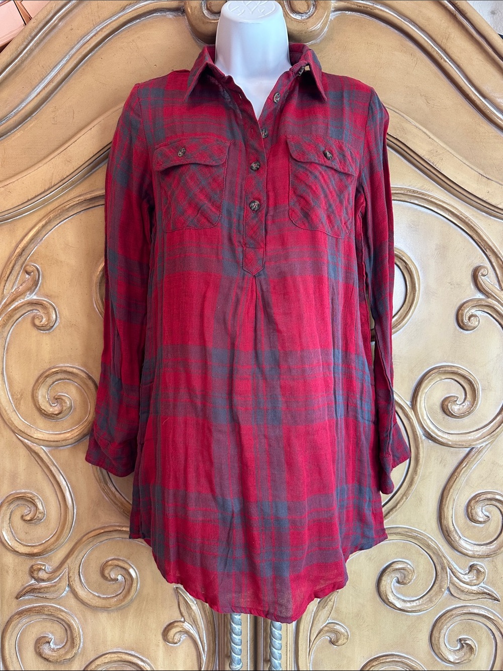 NWT Mimi Chica Women's Red Plaid Long-Sleeve Tunic Shirt